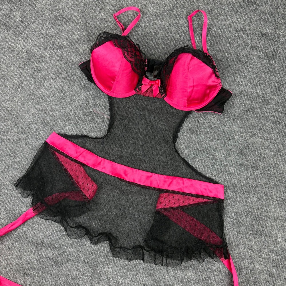 Apt 9 Intimates Hot Pink Black Lace Mesh Babydoll Chemise Lingerie Size Medium